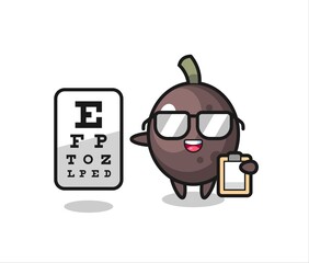 Illustration of black olive mascot as an ophthalmology