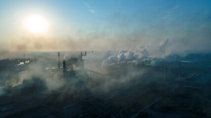metallurgical plant heavy industry poor ecology top view smoke from chimneys smog