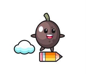 black olive mascot illustration riding on a giant pencil