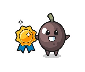 black olive mascot illustration holding a golden badge