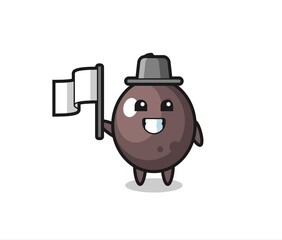 Cartoon character of black olive holding a flag