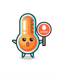 thermometer character illustration holding a stop sign