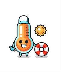 Cartoon mascot of thermometer as a beach guard