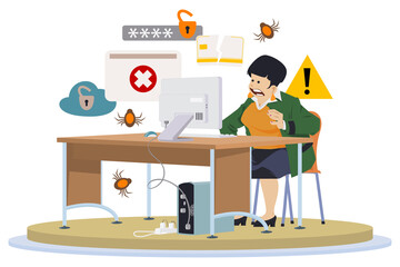 Concept of computer viruses. Shocked woman behind computer. Illustration for internet and mobile website.