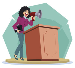 Businesswoman is giving speech. Human on tribune. Illustration for internet and mobile website.
