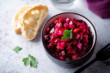 Beet potatoes green peas carrots pickled cucumbers salad