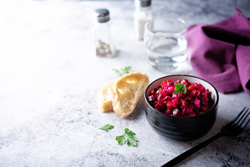 Beet potatoes green peas carrots pickled cucumbers salad