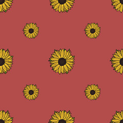 Seamless pattern sunflowers pink background. Beautiful texture with yellow sunflower and leaves.
