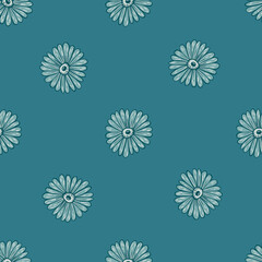 Seasonal floral seamless pattern with contoured sunflower shapes print. Turquoise colored botany print.