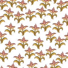 Isolated seamless pattern with green and pink random tulip flowers print. White background. Plants ornament.