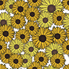Seamless pattern sunflowers on white background. Beautiful texture with bright yellow sunflower and leaves.