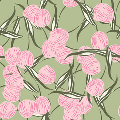 Spring seasonal seamless pattern with botanic pink tulip flowers elements. Pastel green background.