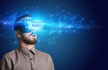Businessman looking through Virtual Reality glasses, virtual security concept