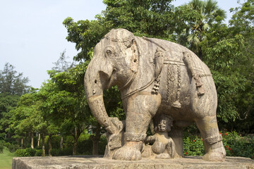 Statue of elephant with soldier underneath his belly at Sun Temple in Konark, Orissa, India, Asia