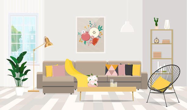 Modern interior in gentle colors with a sofa and a fashionable armchair