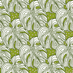 Decorative seamless pattern with outline monstera leaves shapes. Green dotted background. Abstract style.