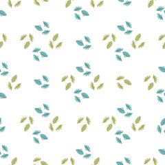 Fototapeta premium Geometric style seamless pattern with green and blue ornamental daisy flowers shapes. Isolated print.
