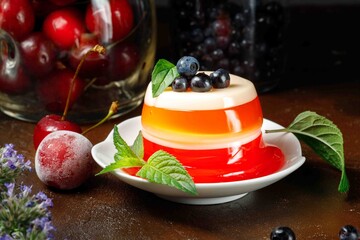 Multi-layered colored dessert, panakota with cherry jelly, decorated with blueberries and mint. Close-up, a jug with a cherry in the background