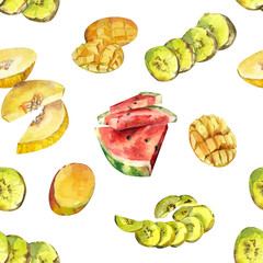 Hand-drawn watercolor fruits. Seamless pattern for design of fabric, paper. Watermelon, melon, mango, kiwi