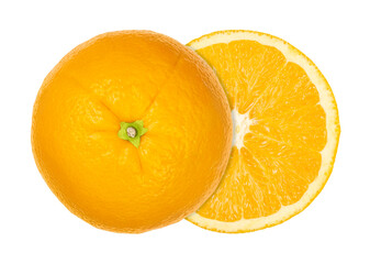 Orange cut in half, both halves laterally offset, from above, isolated over white. Ripe Valencia orange with cross section. Citrus sinensis, a seedless fruit with sweet fruit flesh. Macro food photo.