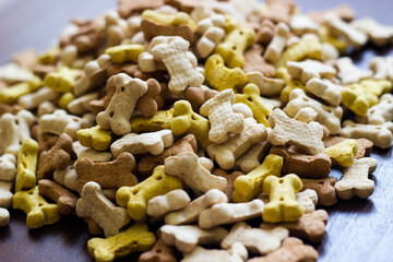 Dog tasty colored biscuits on wooden background, snacks for dogs. Healthy dry pet food concept
