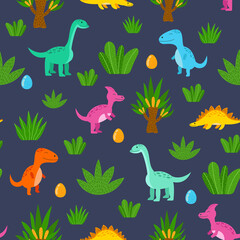 Seamless pattern with dinosaurs, tropical plants