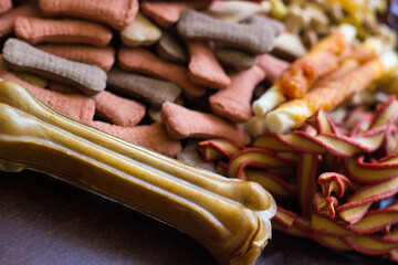 Dog tasty colored biscuits on wooden background, snacks for dogs. Healthy dry pet food concept