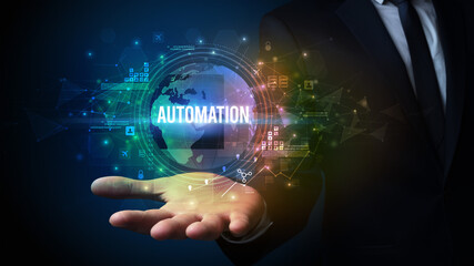 Elegant hand holding technology-related inscription