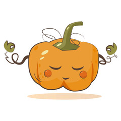 Cute pumpkin character meditating isolated vector illustration. Autumn harvest.