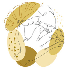 Silhouettes of human hands, applause, in a modern style one line and plant leaves. Continuous line drawing, outline for decor, posters, wall art, stickers, logo. Vector illustration.