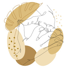 Silhouettes of human hands, applause, in a modern style one line and plant leaves. Continuous line drawing, outline for decor, posters, wall art, stickers, logo. Vector illustration.