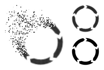 Erosion pixelated circulation pictogram with destruction effect, and halftone vector symbol. Pixelated burst effect for circulation reproduces speed and motion of cyberspace abstractions.
