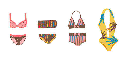 Set of swimsuits vector illustration. Bikini and one piece swimwear. Women's summer beach clothing. Different models bathing suits.