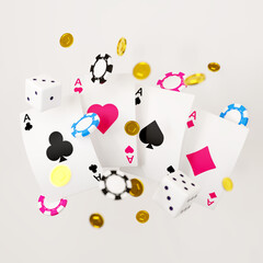 Gambling concept with playing cards, dice, casino chips. Online casino. 3d render