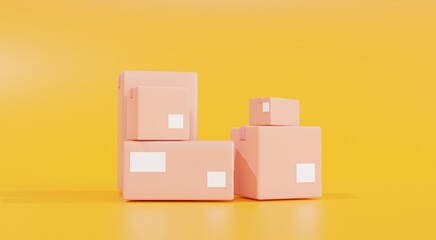 3D illustration Pile of stacked sealed goods cardboard boxes.    on yellow background.