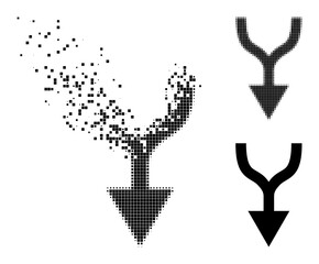 Fragmented dot combine arrow down pictogram with destruction effect, and halftone vector pictogram. Pixelated explosion effect for combine arrow down reproduces speed and motion of cyberspace things.