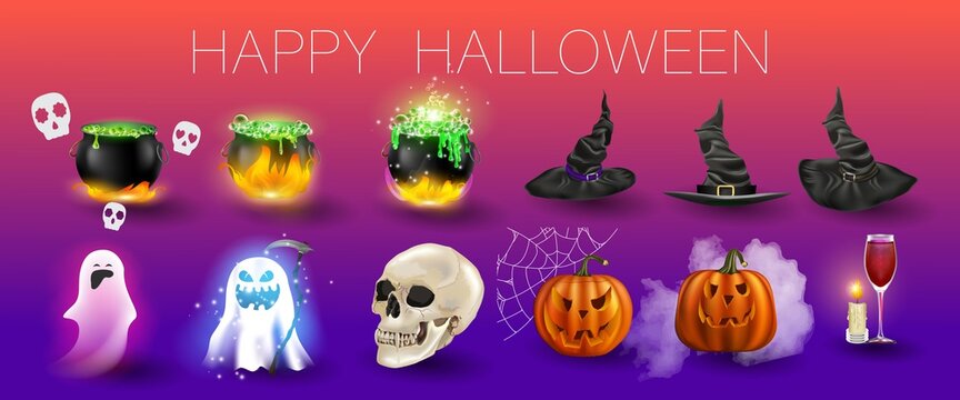Vector illustration happy Halloween set.Can be used for poster,banner, greetings card, sticker, fly er or background.There is image of elements for halloween party. Festive cartoon colored design.