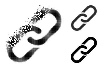 Disappearing pixelated chain pictogram with destruction effect, and halftone vector pictogram. Pixelated dissipation effect for chain gives speed and movement of cyberspace things. - obrazy, fototapety, plakaty