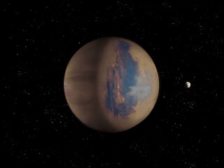 Exoplanet in deep space with asteroid 3D illustration.