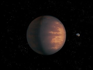 Mysterious planet from deep space. Strange exoplanet orbiting an alien star. Asteroid near an alien planet 3d illustration.