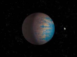 super-earth planet, planet with satellite in far space, exoplanet from another star system 3d illustration.