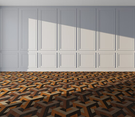 Artistic luxury oak parquet. 3D pattern. Art background. Luxury wood floor. Perspective. Empty interior. Gray classic wall. 3D render. Optical illusions. Design interior. 3d illustration for  project.