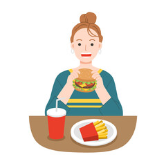 Young women eating hamburger with french fries, and soda. Fast food for life. Unhealthy foods concept.