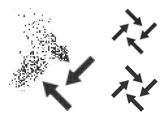 Dissolving dotted centripetal arrows pictogram with destruction effect, and halftone vector pictogram.