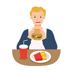 Young men eating hamburger with french fries, and soda. Fast food for life. Unhealthy foods concept.