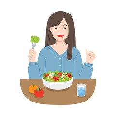 Young women eating salads. Diet food for life. Healthy foods with benefits. Healthy and vegan food concept.