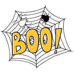 Vector halloween illustration with spiders, web and text boo on white background. Doodle illustration