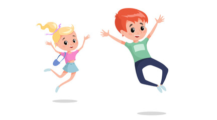 Happy children jumping and laughing. Caucasian school age children illustration. Best for posters, banners, invitations. Vector drawing isolated on white.