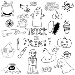 Vector halloween hand drawn set on white background. Doodle illustration