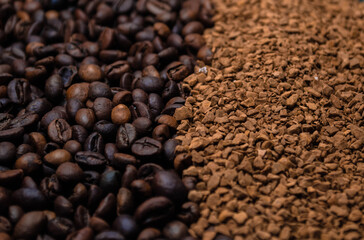 
Coffee beans and instant coffee, photo on the table